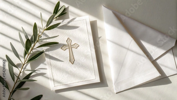 Fototapeta Minimalist Baptism Invitation Mockup with White Linen and Olive Branch
