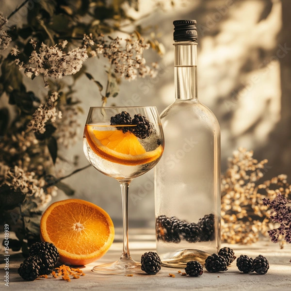 Fototapeta Refreshing Gin Cocktail with Orange and Blackberry – Elegant Summer Drink Setup