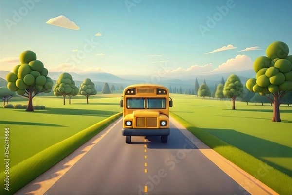 Fototapeta School bus driving on the country road, going to school, beautiful sunny day, 3d rendering