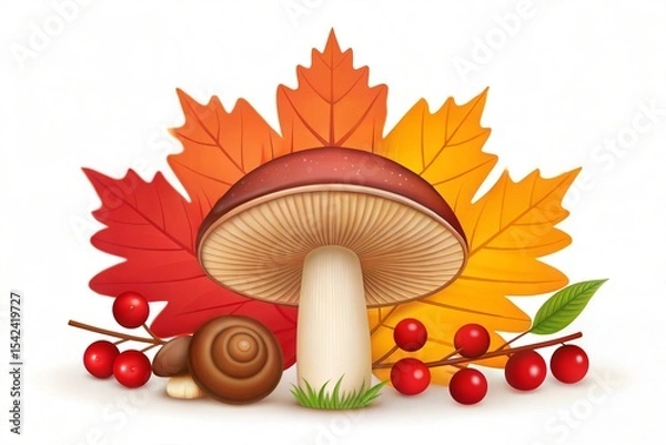 Fototapeta Vector composition of hand drawn forest mushroom with fall leaves, snail, cranberry