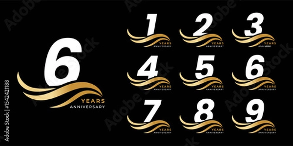 Obraz Set of modern vector logo designs for 1 years to 9 years anniversary with waves, in gold color for celebrations, weddings and birthdays
