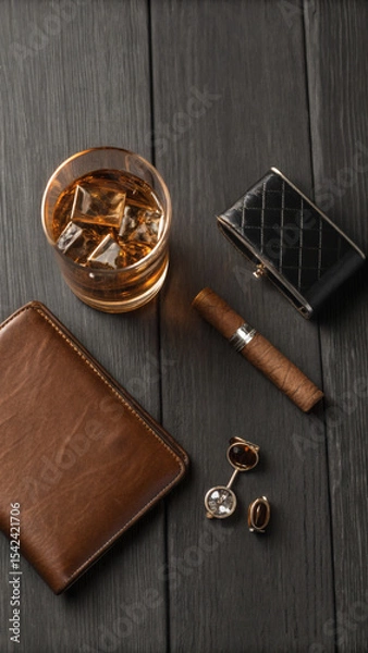 Fototapeta Dark Chic Flatlay for Bachelor Party with Whiskey and Cigar Elements
