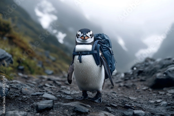 Obraz Penguin Hiker with Backpack in Mountains - Adventurous Animal