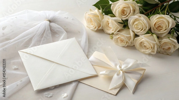 Fototapeta Classy Flatlay with White Roses, Veil and Invitation for Modern Bride

