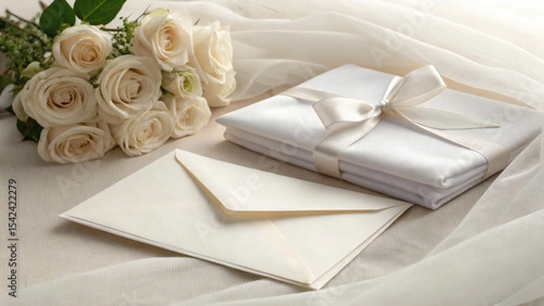 Fototapeta Classy Flatlay with White Roses, Veil and Invitation for Modern Bride
