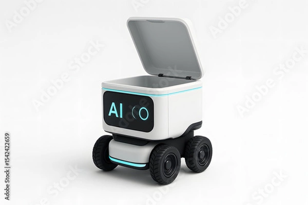 Fototapeta Minimalist AI delivery robot with four wheels and open container design, isolated on white, for smart logistics and automation..