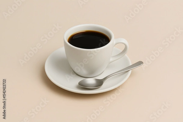 Fototapeta A simple white coffee cup filled with black coffee and a spoon on a saucer, set against a soft beige backdrop..