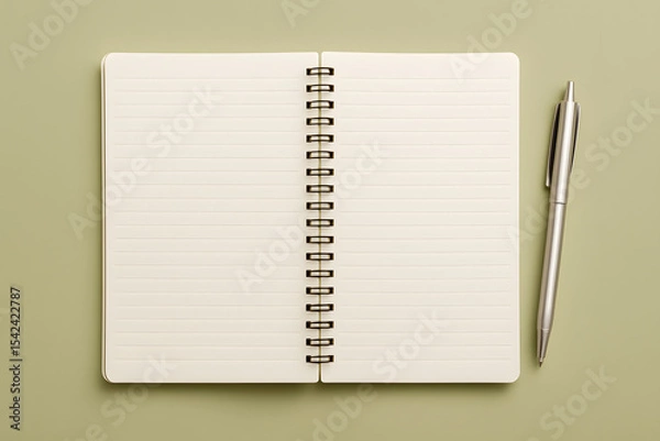 Fototapeta Top view of an open lined notebook with a silver pen on a green background, ready for notes or journaling..