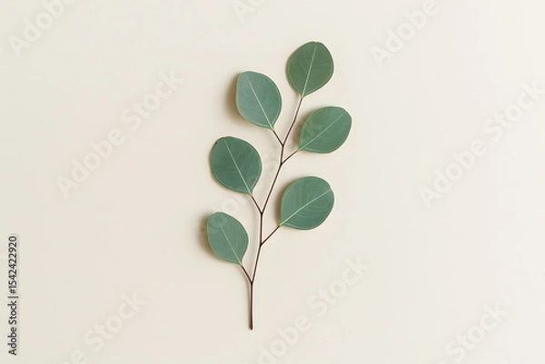 Fototapeta Flat lay of a eucalyptus stem with green round leaves on a neutral background, ideal for natural or botanical design..