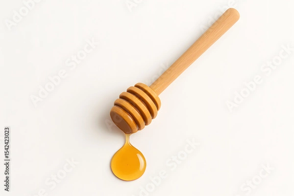 Fototapeta A wooden honey dipper dripping golden honey onto a clean white background in a minimalist composition..