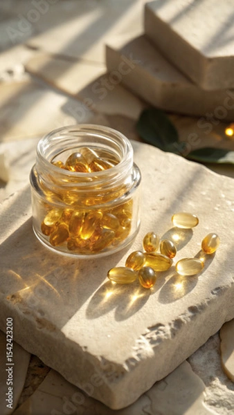 Fototapeta Luxury Omega Capsules in Open Glass Jar on Cream Stone Platform
