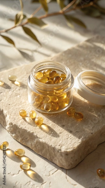 Fototapeta Luxury Omega Capsules in Open Glass Jar on Cream Stone Platform
