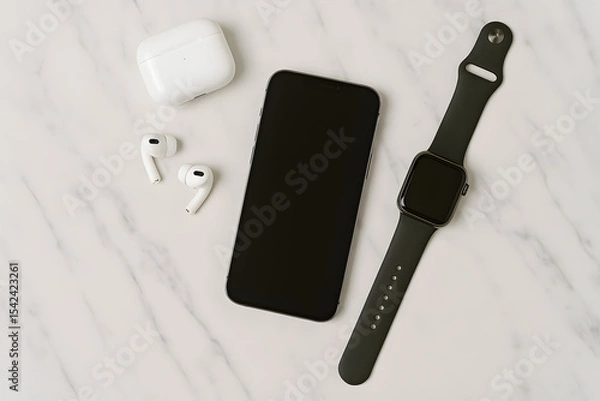 Fototapeta Top view of smart tech accessories including a smartphone, smartwatch, and wireless earbuds on a marble table..