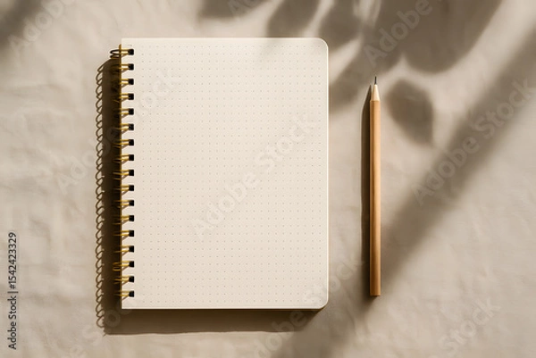 Fototapeta A dotted spiral notebook with a wooden pencil placed on beige fabric, styled with natural shadows and neutral tones..
