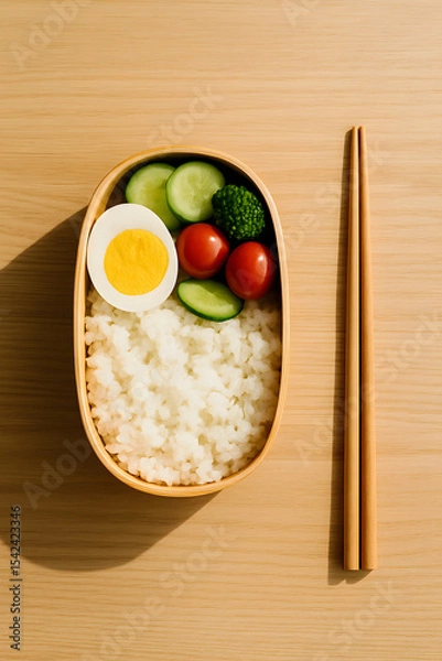 Fototapeta A wooden bento box filled with rice, cucumbers, tomatoes, broccoli, and a boiled egg, served with chopsticks..