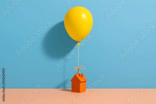 Fototapeta Minimal scene with a yellow balloon tied to a small orange house model, casting shadow on blue background..