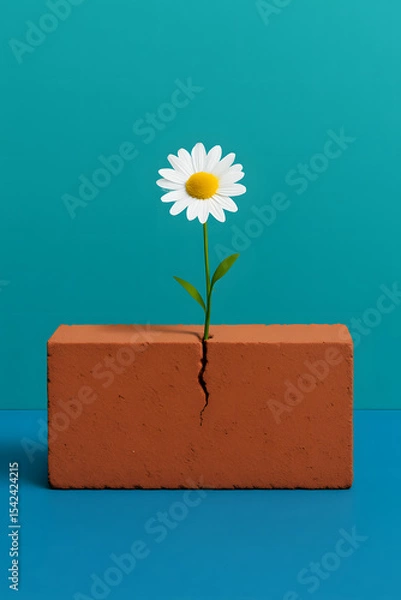 Fototapeta White daisy blooming from a crack in a red brick, symbolizing hope and resilience against a bright teal background..