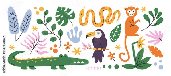 Fototapeta Stickers exotic tropical leaves and wild animals: tigers, leopards, birds, jungle plants, palm trees, monstera leaves and flowers. Set of vector jungle stickers in cartoon retro style