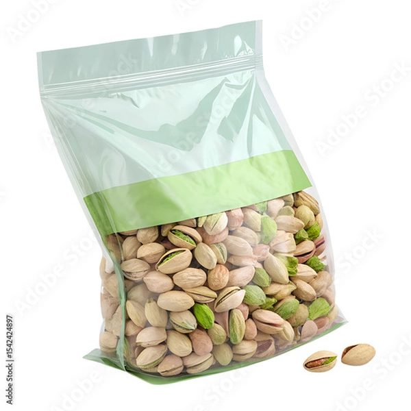 Fototapeta A transparent ziplock bag filled with assorted pistachio nuts. Some nuts are open, revealing their green insides. The background is black.