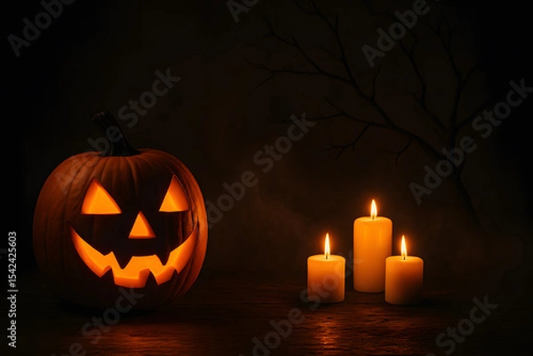 Fototapeta A carved Halloween pumpkin glows beside three candles, set against a dark eerie background with a barren tree silhouette..
