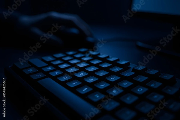 Fototapeta A low-light photo of a modern keyboard with Cyrillic and Latin characters, emphasizing tech ambiance and focused work atmosphere..