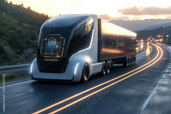 Fototapeta A futuristic electric autonomous truck transports a trailer seamlessly along a smart highway. Innovative guidance systems and AI optimize modern transportation efficiency.