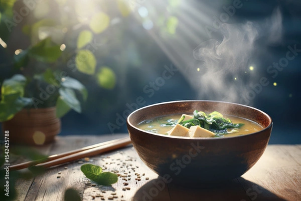 Fototapeta A steaming bowl of miso soup sits against a dark, moody backdrop, capturing its warm, inviting essence. The traditional broth, rich with umami, is a classic staple of Japanese cuisine.