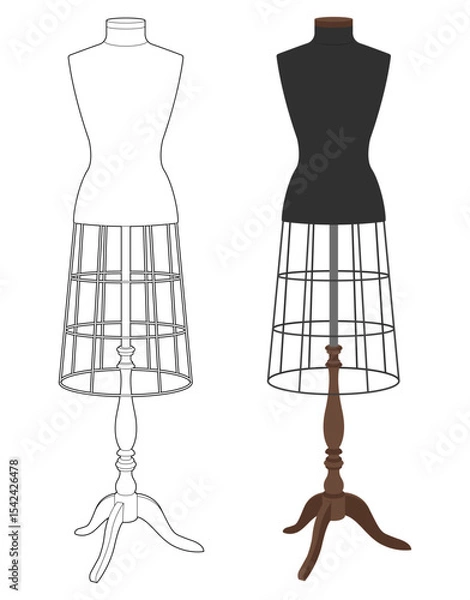 Fototapeta Set of two vintage female dress forms:  elegant line art style, and realistic vector design. Tailor mannequins for sewing and fashion, isolated on white background.