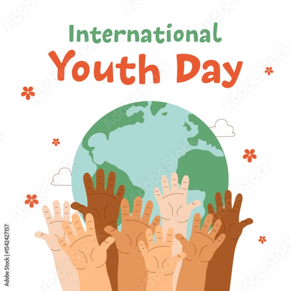 Fototapeta Colorful hands of diverse youth raised up around the globe celebrating International Youth Day. Unity, diversity, equality and hope for the future.