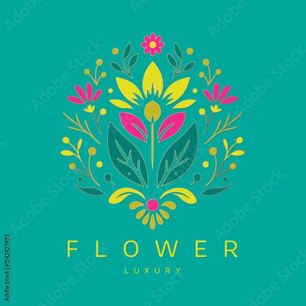 Obraz Colorful emblem with flower and leaves. Can be used for jewelry, beauty and fashion industry. Great for logo, monogram, invitation, flyer, menu, background, or any desired idea.