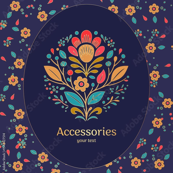Obraz Colorful emblem with flower and leaves. Can be used for jewelry, beauty and fashion industry. Great for logo, monogram, invitation, flyer, menu, background, or any desired idea.