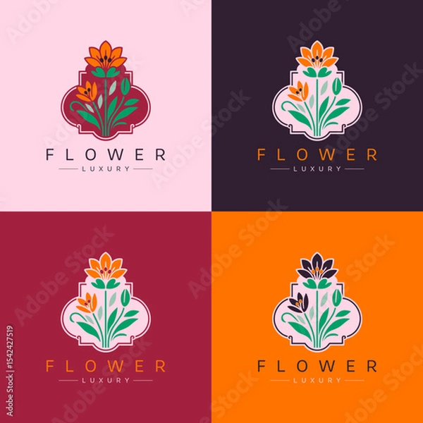Obraz Colorful emblem with flower and leaves. Can be used for jewelry, beauty and fashion industry. Great for logo, monogram, invitation, flyer, menu, background, or any desired idea.