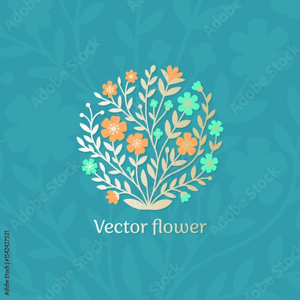 Obraz Colorful emblem with flower and leaves. Can be used for jewelry, beauty and fashion industry. Great for logo, monogram, invitation, flyer, menu, background, or any desired idea.