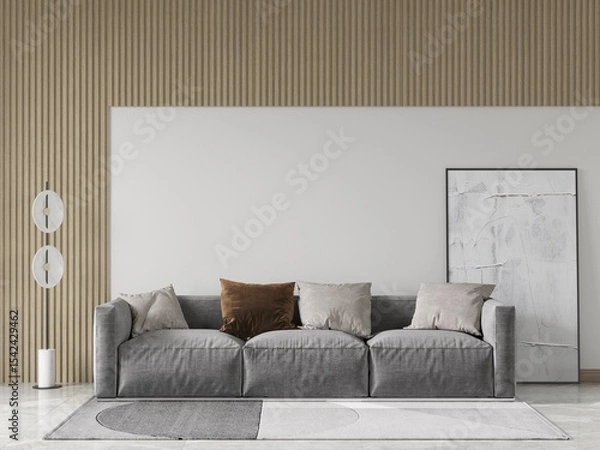 Fototapeta Mock up of an exclusive living room with perfect design with a comfortable stylish sofa and a cool decorative background, 3D rendering.
