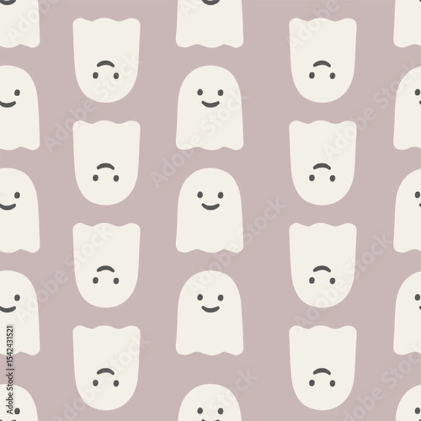 Fototapeta Cute ghost face seamless vector pattern in cream and mauve tones for Halloween kids textiles decor