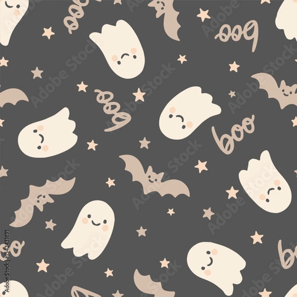 Fototapeta Boo ghost and bat seamless vector pattern in cute Halloween style with stars and dark background