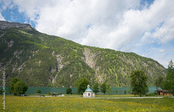 Obraz meadow with dandelions, small chapel, lakeside Achensee tyrol