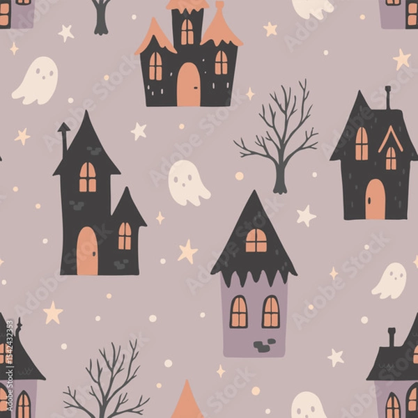 Fototapeta Spooky haunted house seamless vector pattern with ghosts, stars, and bare trees in Halloween palette