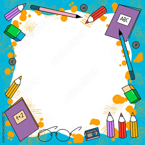 Fototapeta Cartoon stickers with school supplies on white background. Colorful kids style geometric scribble lines, study and work supplies, background with modern playful basic shapes.