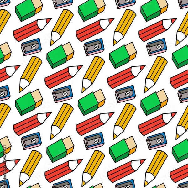 Fototapeta Seamless pattern with colorful pencils, sharpeners and eraser on white background. Stationery, education or drawing supplies. flat illustration