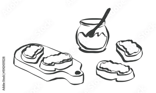 Fototapeta Doodle of baguette and jam. Whimsical icon of breakfast in simple crayon and sketch style. Trendy art for menus and brunch invitations. Vintage vector illustration