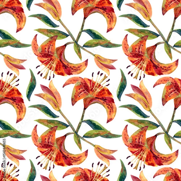 Fototapeta Beautifully stylized orange lily design on a neutral background creating visual harmony, watercolor pattern.
