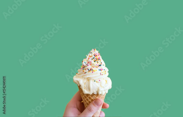 Fototapeta Vanilla soft serve ice cream cone against teal background with waffle cone and swirl texture, studio lighting, minimal style