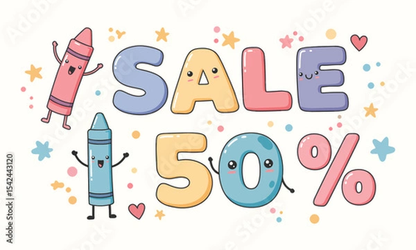 Fototapeta Kawaii Crayons Announce "SALE 50%" for Kids & School Supplies. perfect for children's stationery, art, or toy stores, ideal for back-to-school or craft promotions with its sweet, friendly, and playful