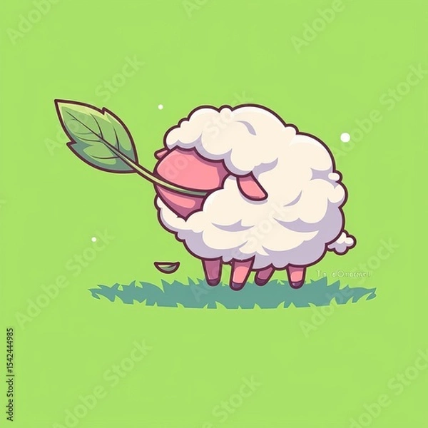 Obraz Cute Sheep Eating Leaf - Grassy Field