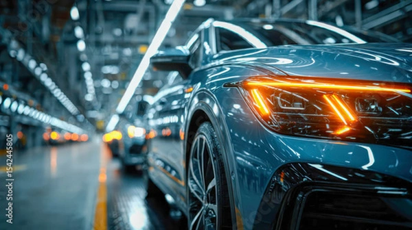 Obraz Close-up of a modern car on an assembly line with glowing orange lights in a high-tech factory setting