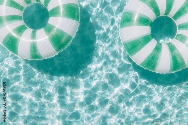 Fototapeta Two green and white striped inflatable rings float in clear, sunlit swimming pool water, creating a relaxing summer scene.