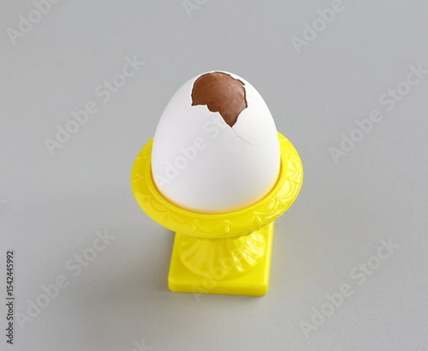Fototapeta Chocolate egg with real eggshell in a yellow cup. Easter tradition in Finland.