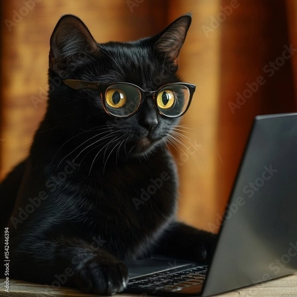 Fototapeta A black cat with a serious look in glasses, sitting at a laptop.
