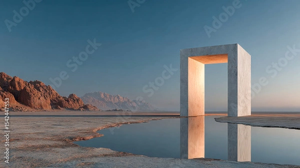 Obraz Minimalist stone cube structure in a surreal desert landscape near a calm sea